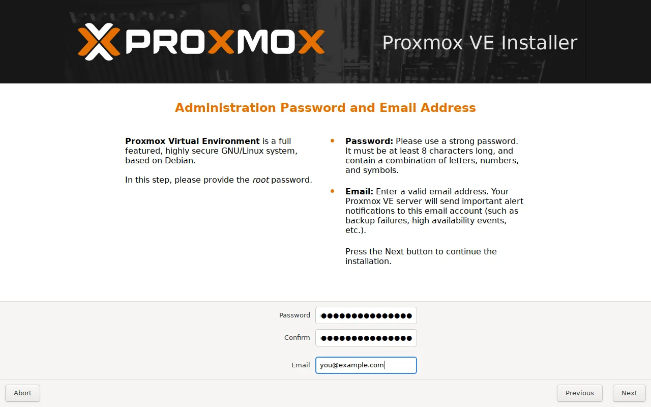 Set the root password and admin email.