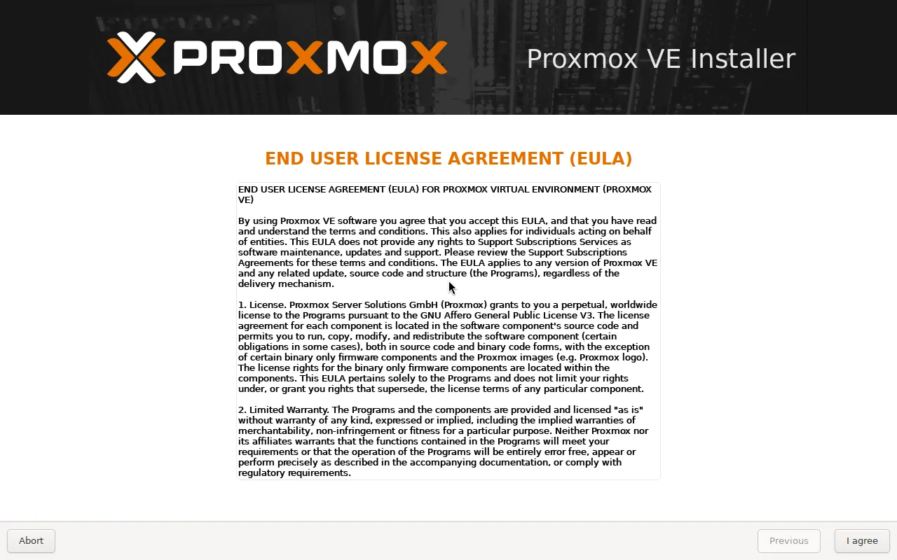 Read and accept the Proxmox EULA.