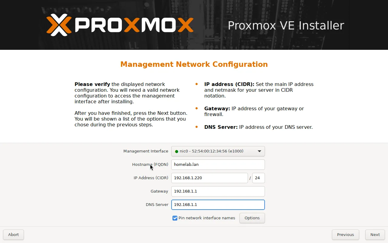 Set the fixed hostname, IP, gateway, and DNS.