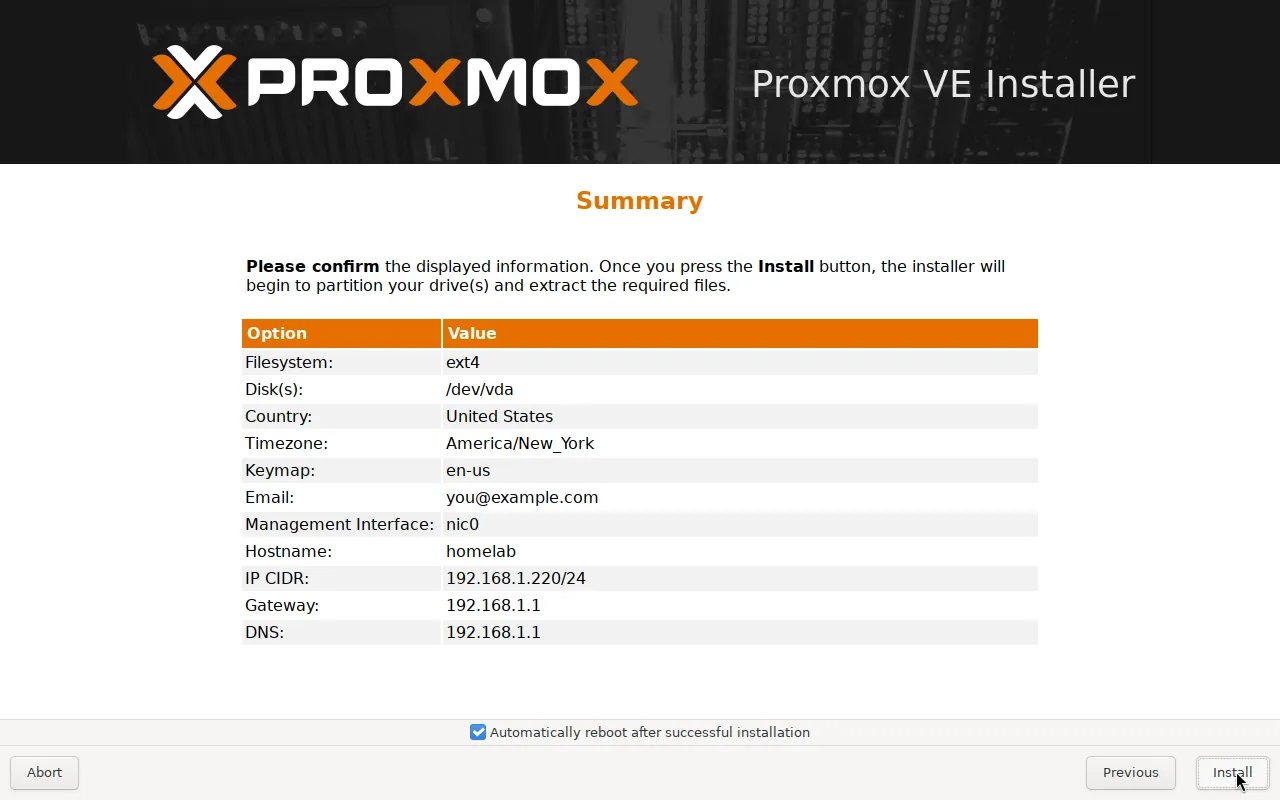 Review the summary, then start the install.