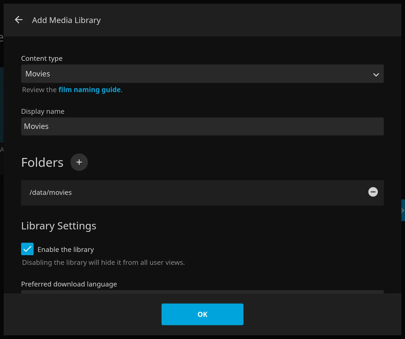 Add a Movies library pointed at /data/movies.
