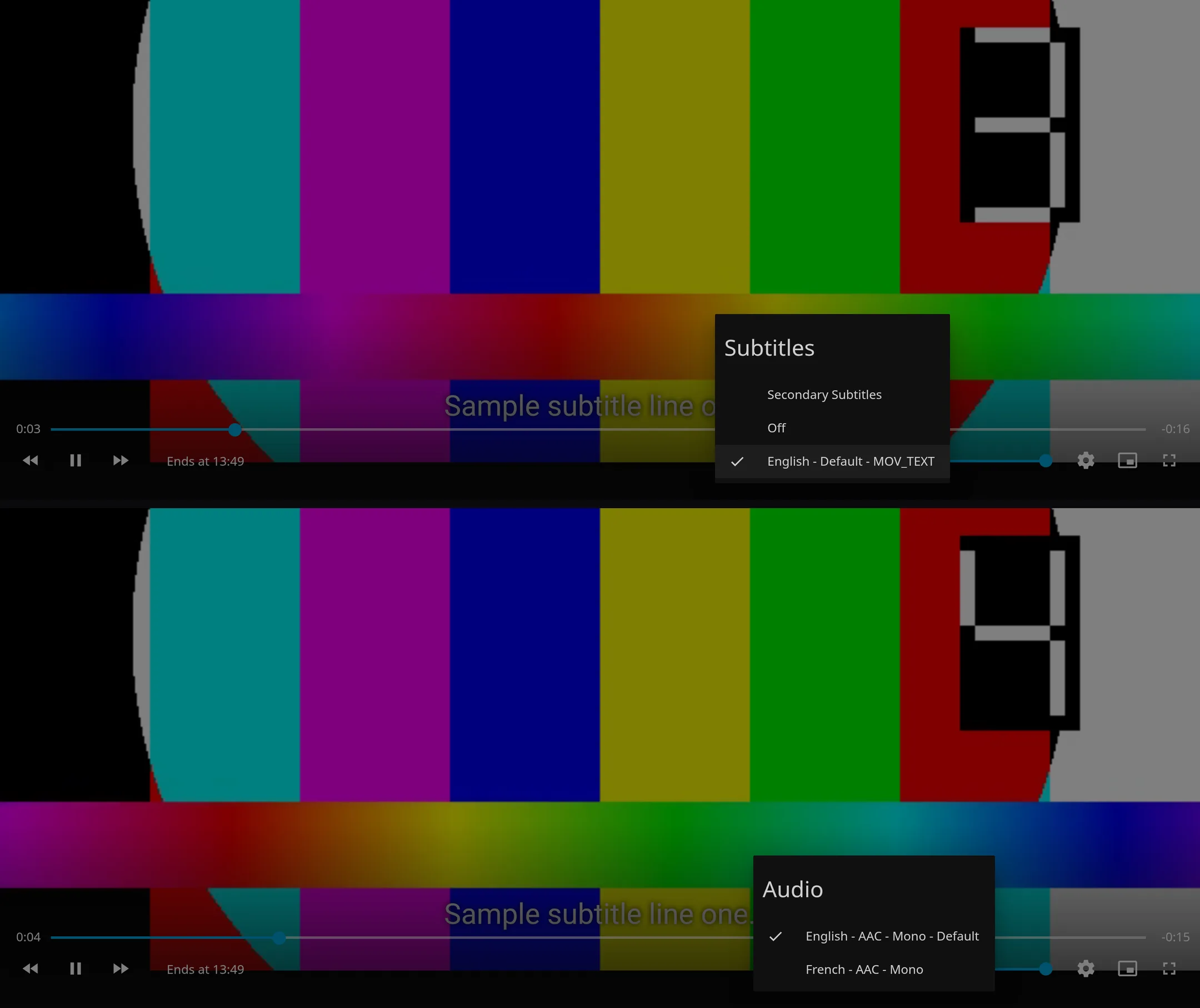 Open the subtitle and audio-track menus in the player.