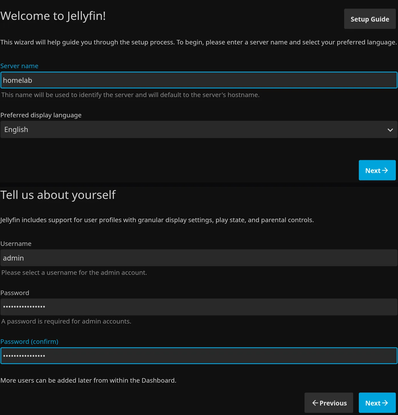 Choose a language and create the first administrator account.