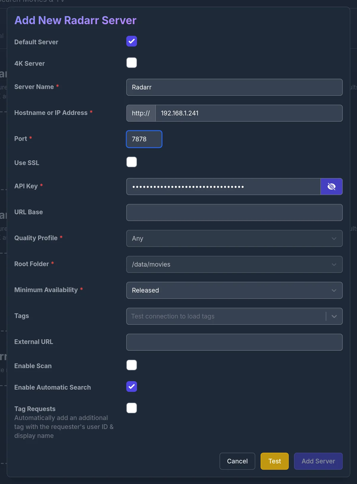 Add Radarr as a default server with a quality profile and root folder.
