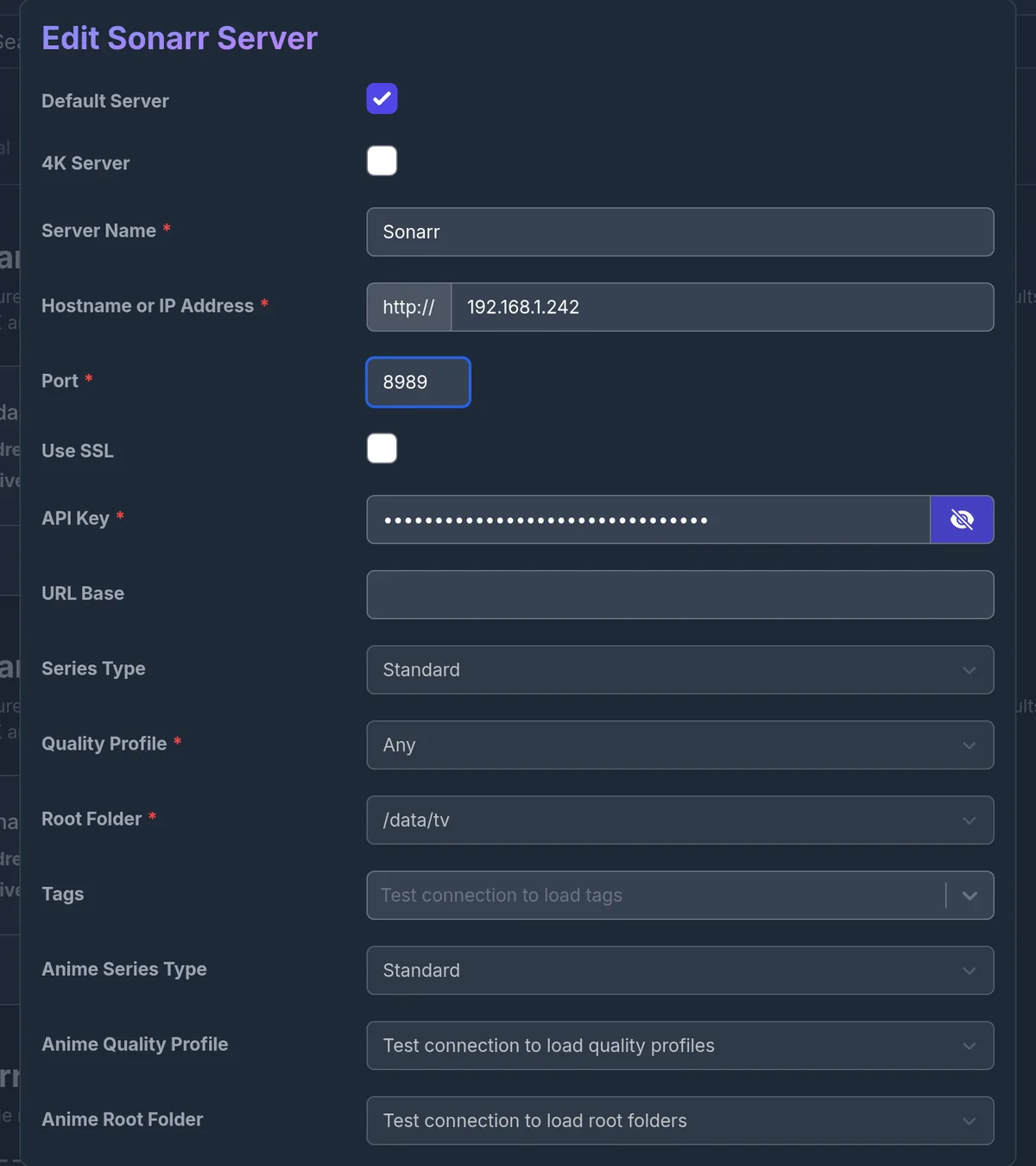 Add Sonarr as a default server the same way.