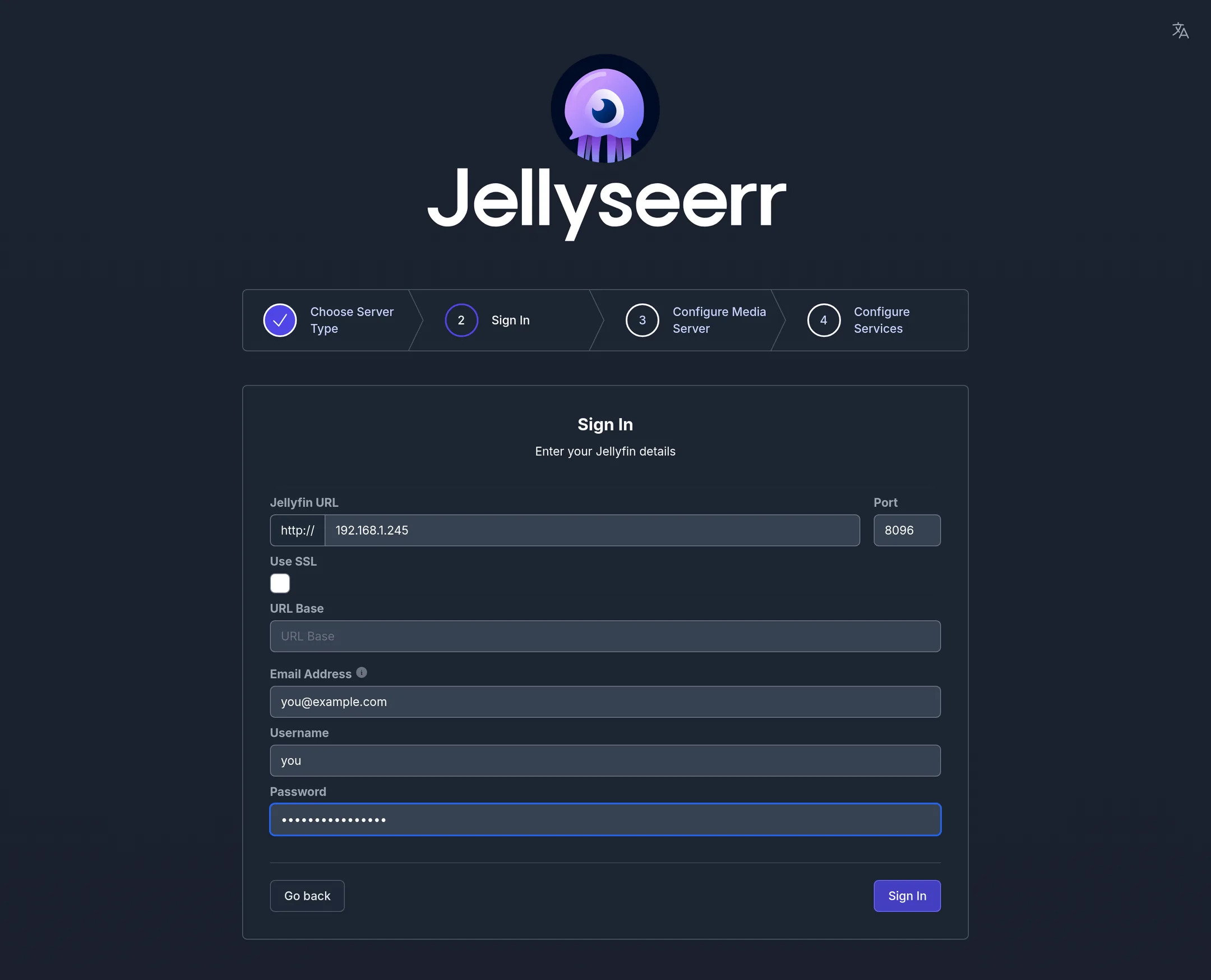Sign in to Seerr with your Jellyfin address and account.