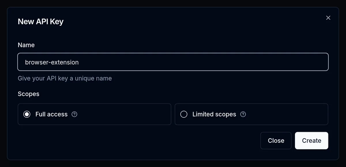 API Keys settings creates a new key.