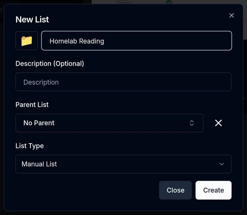 Lists sidebar creates a new reading list.