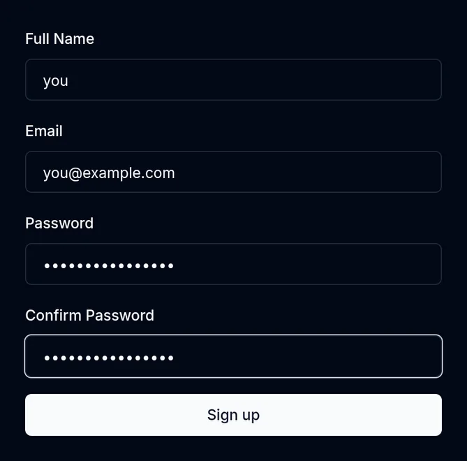 Sign Up page creates the first account.