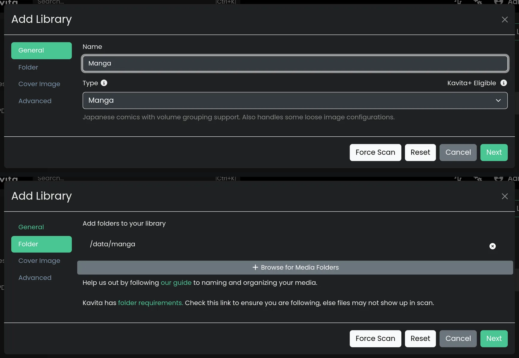 Add a Manga library pointed at /data/manga.