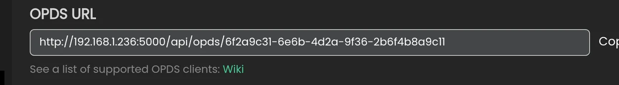 Copy the OPDS URL for a third-party reader app.