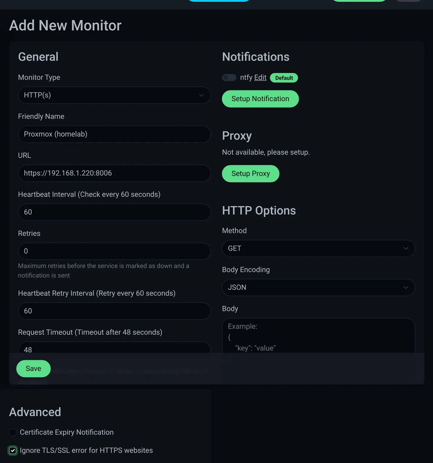 Fill in the monitor type, name, and address for the Proxmox check.