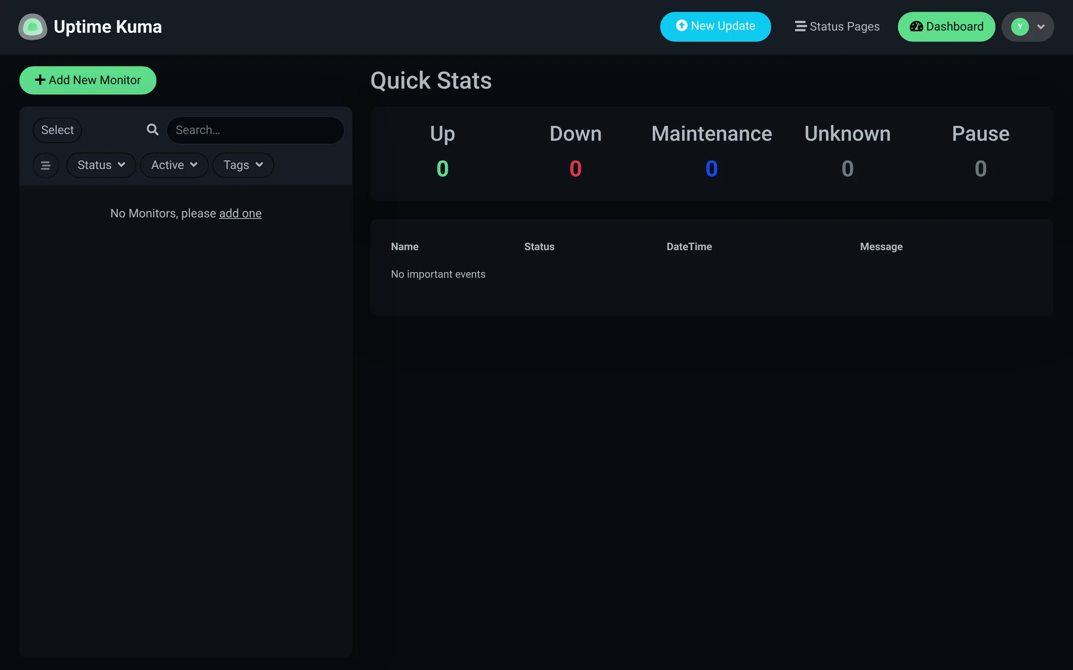 View the empty Uptime Kuma dashboard after first login.