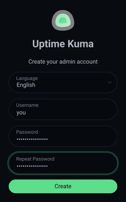 Create the Uptime Kuma admin account on first visit.