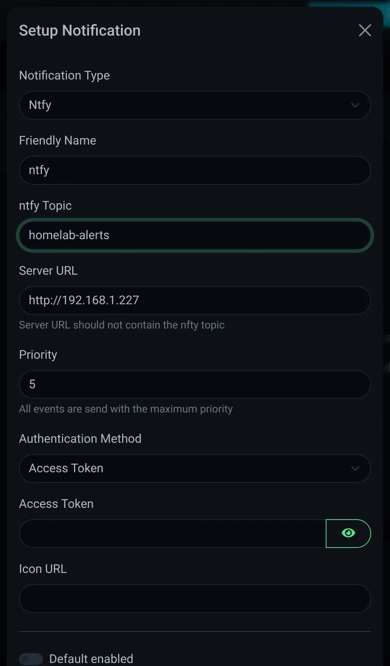 Enter the ntfy server address, topic, and access token in Uptime Kuma.