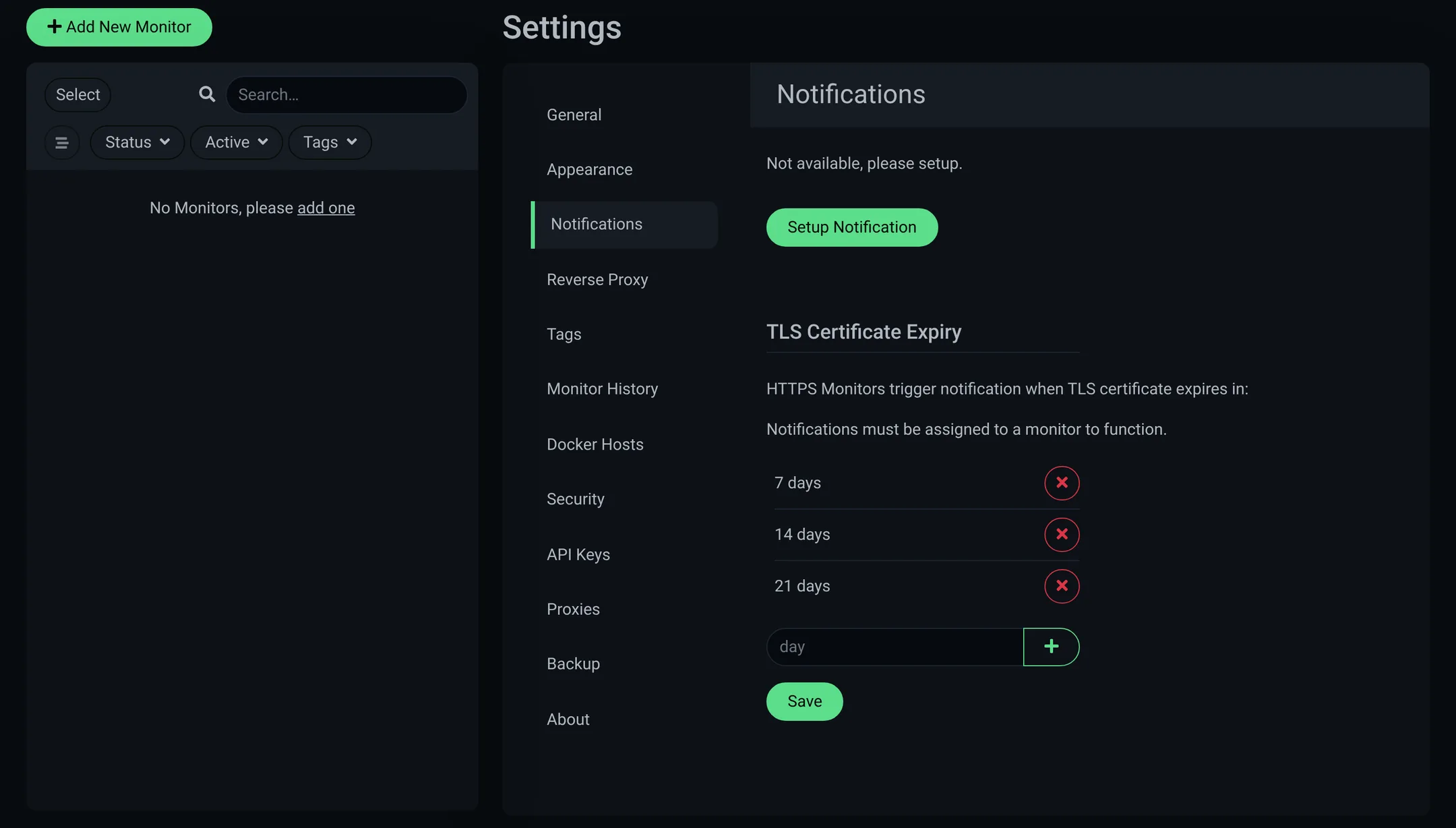 Open the notification setup screen in Uptime Kuma.