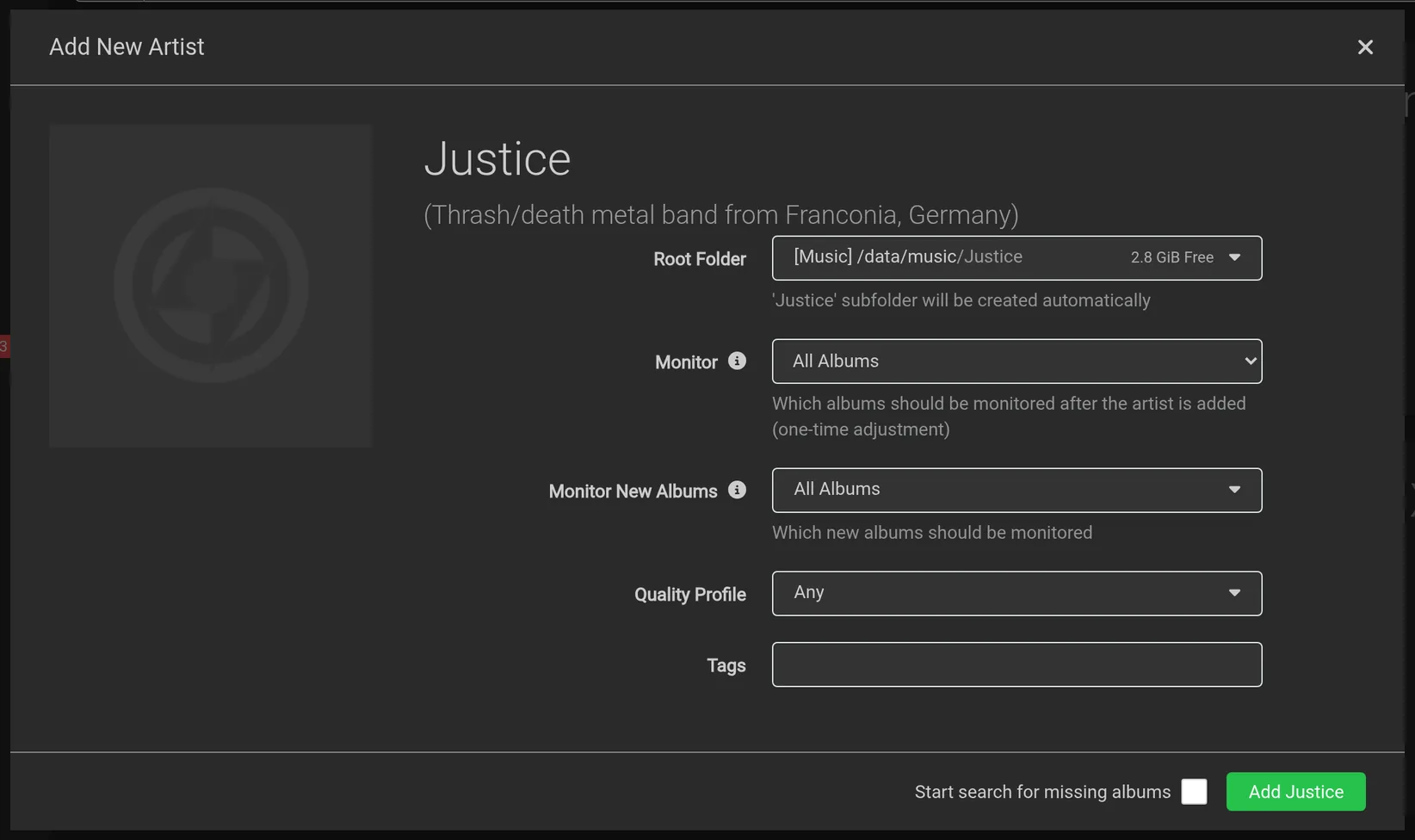 Add an artist and monitor all albums.