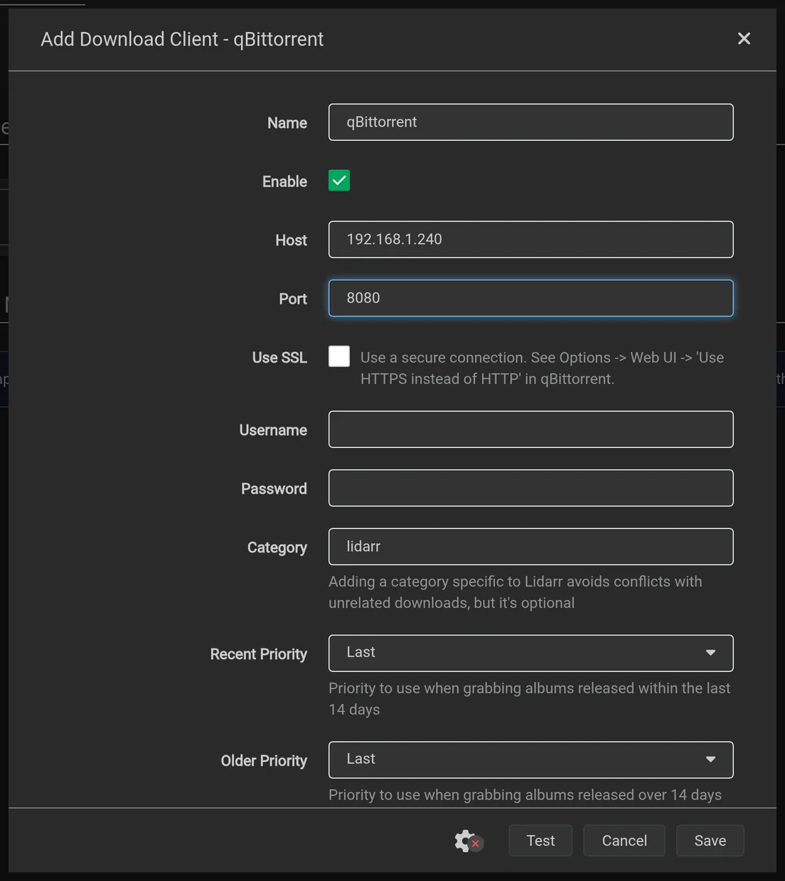 Add qBittorrent as the download client.