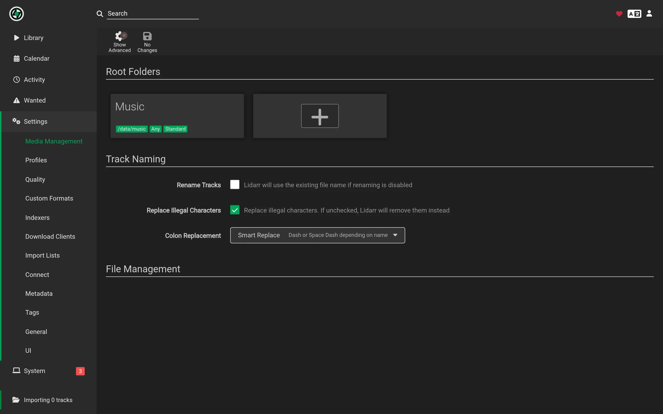 Set the root folder to /data/music.