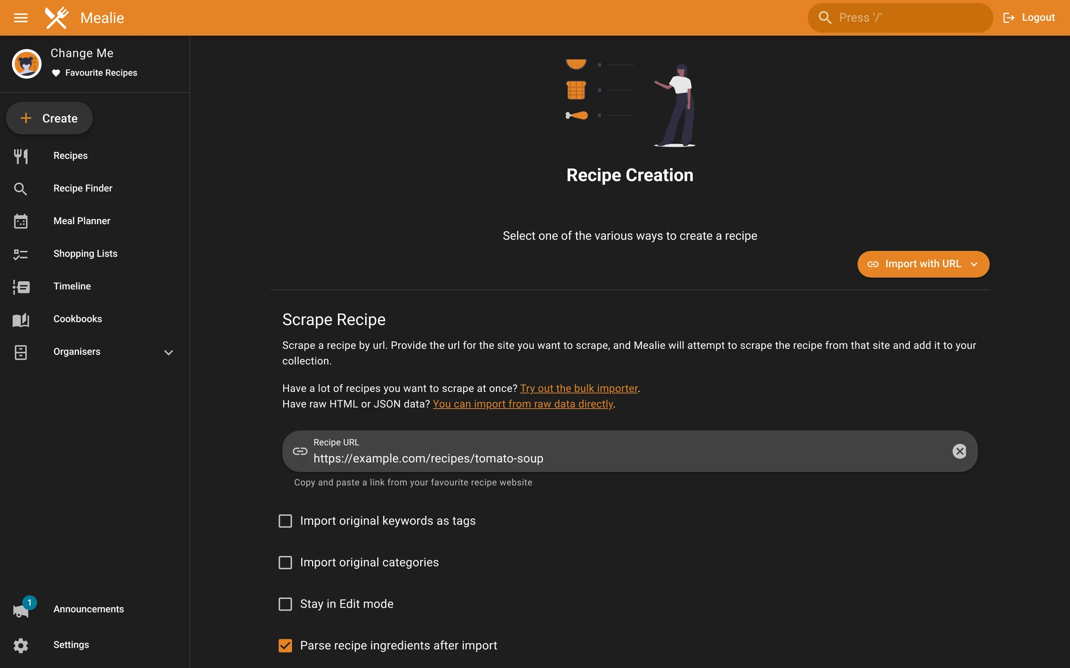 Import screen accepts a recipe URL.