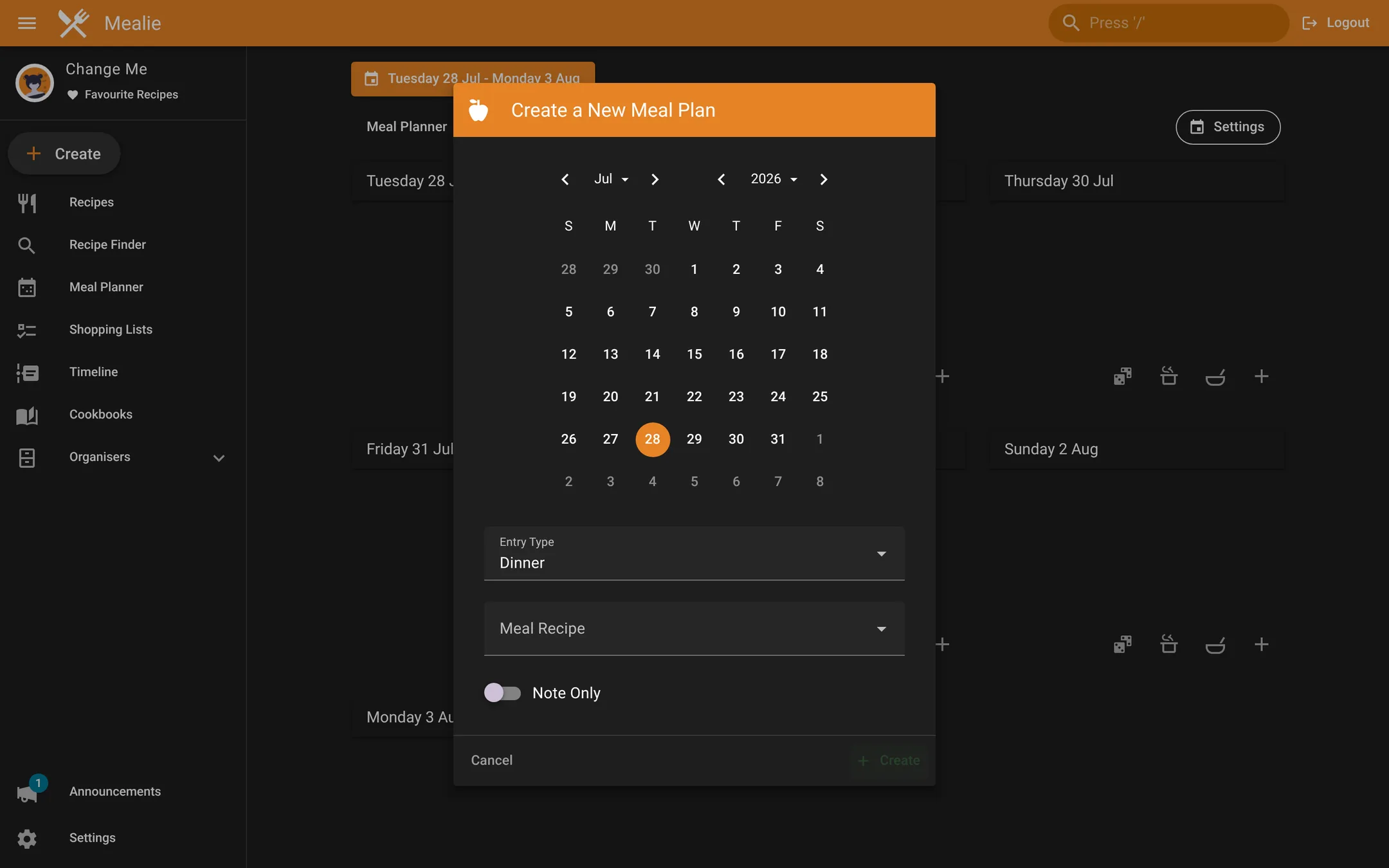 Meal Planner adds a recipe to a day.