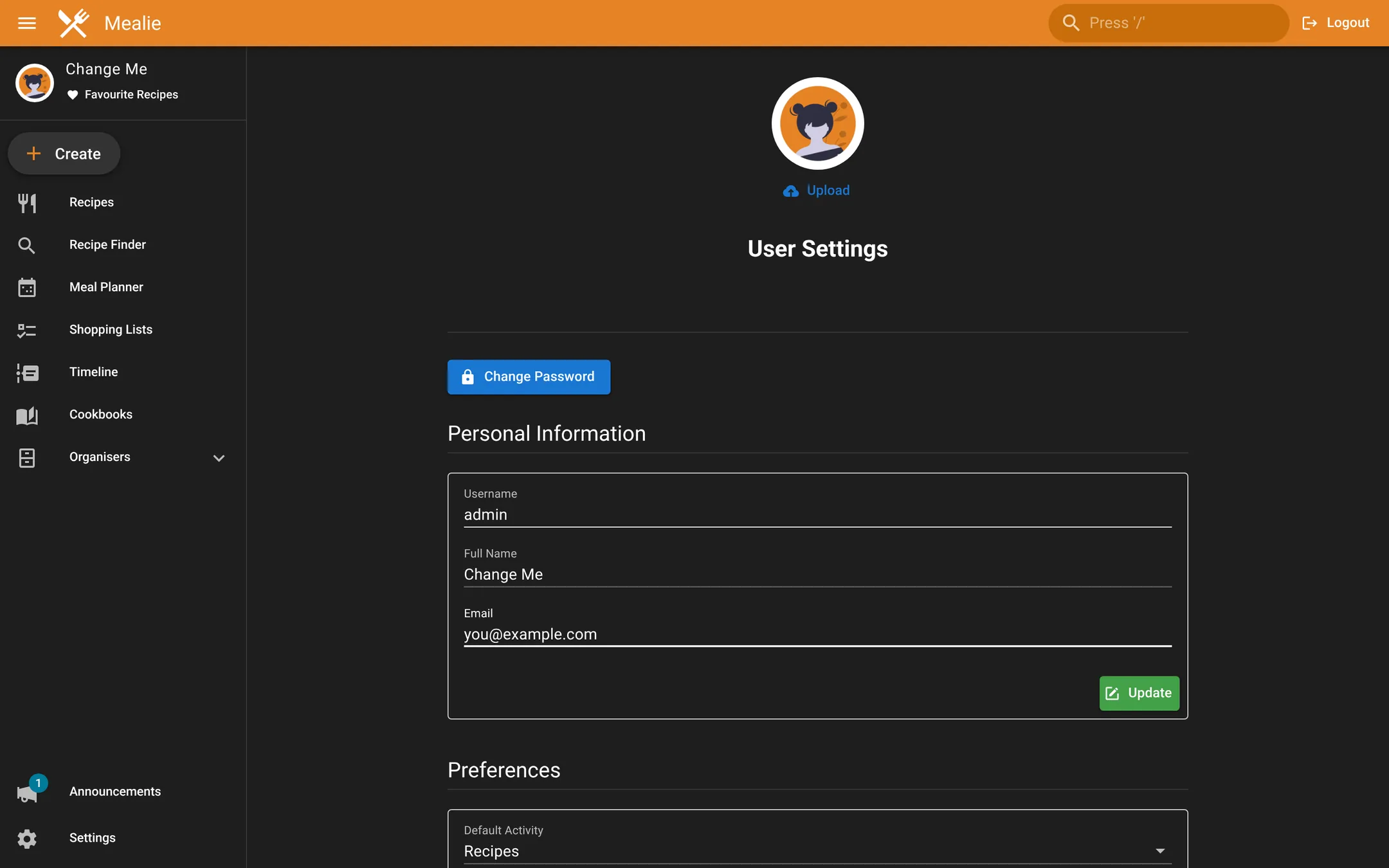 Profile page changes the default email and password.