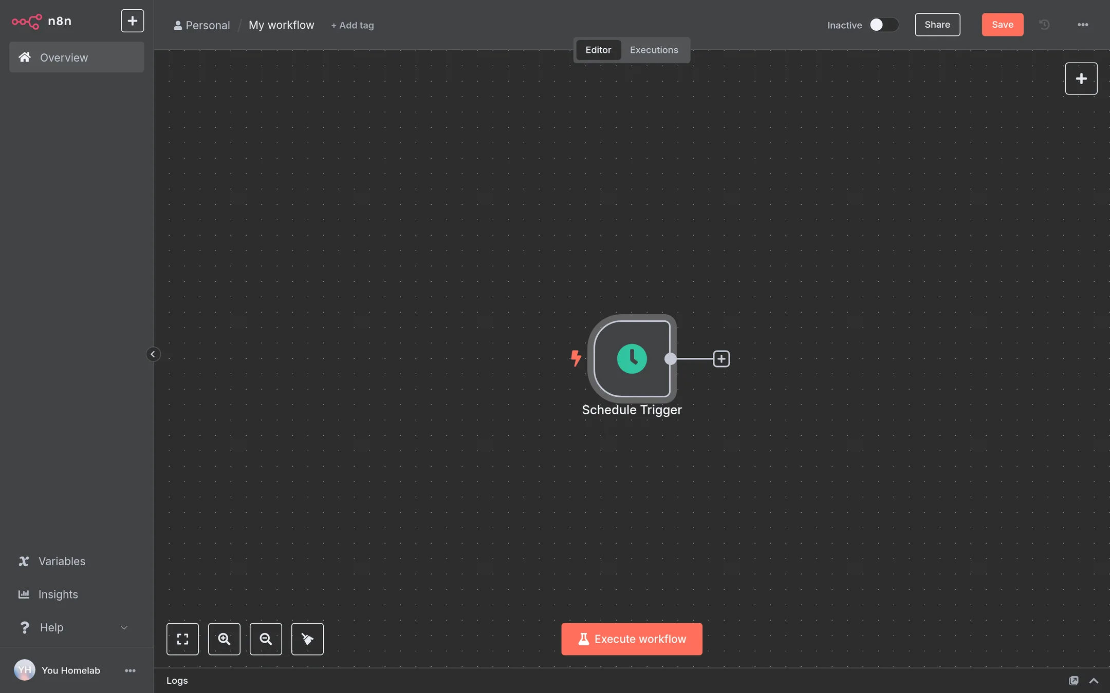 A new workflow with a Schedule Trigger node on the canvas.