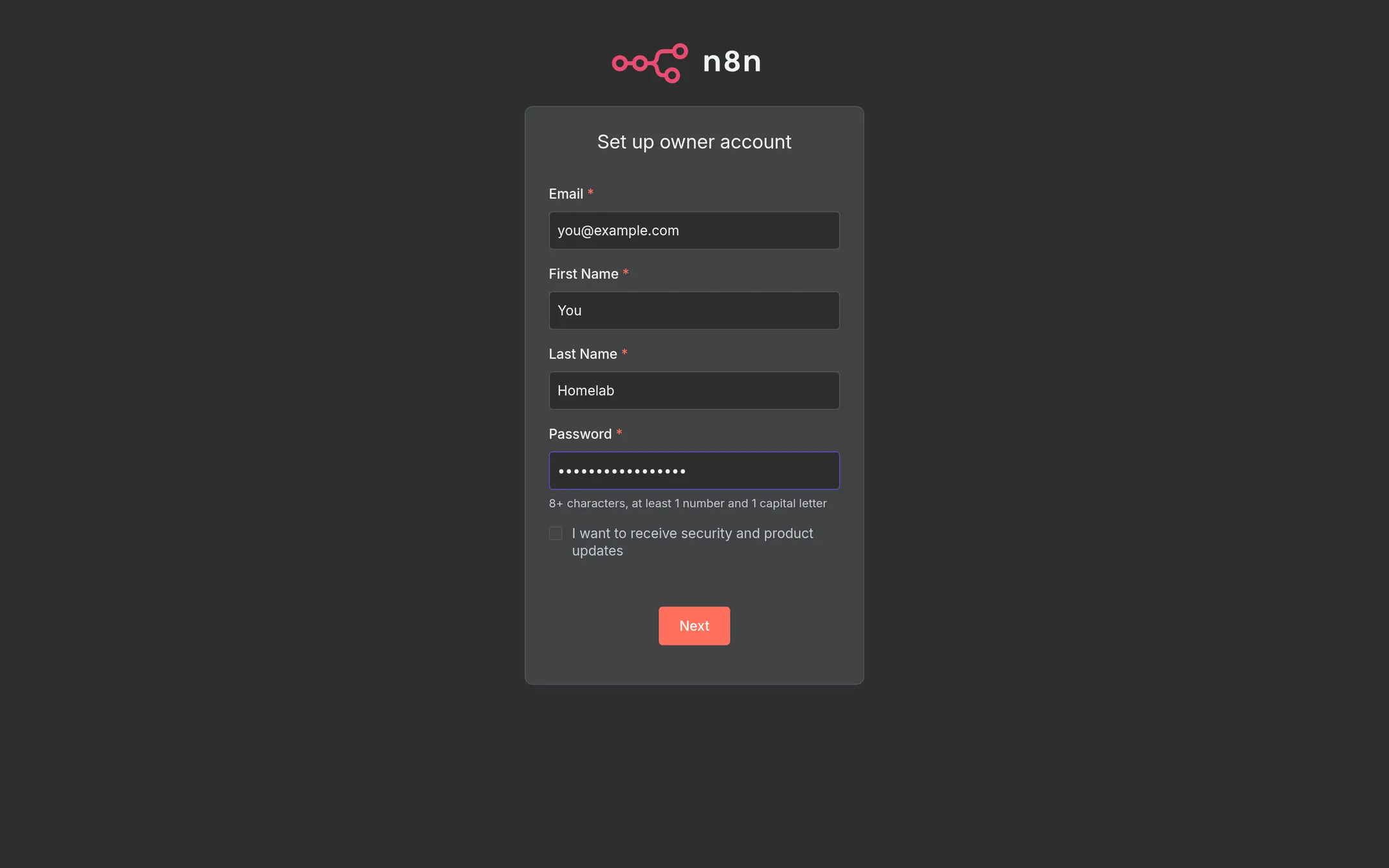 Owner account form collects name and password.