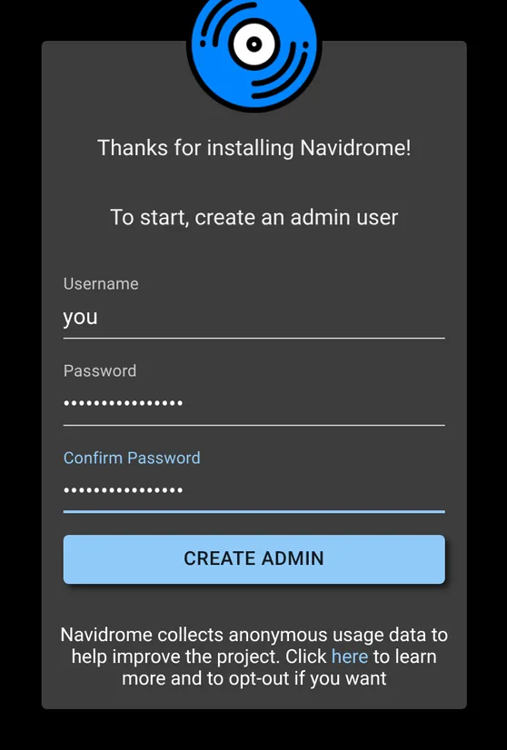 Create the Navidrome admin account on first visit.