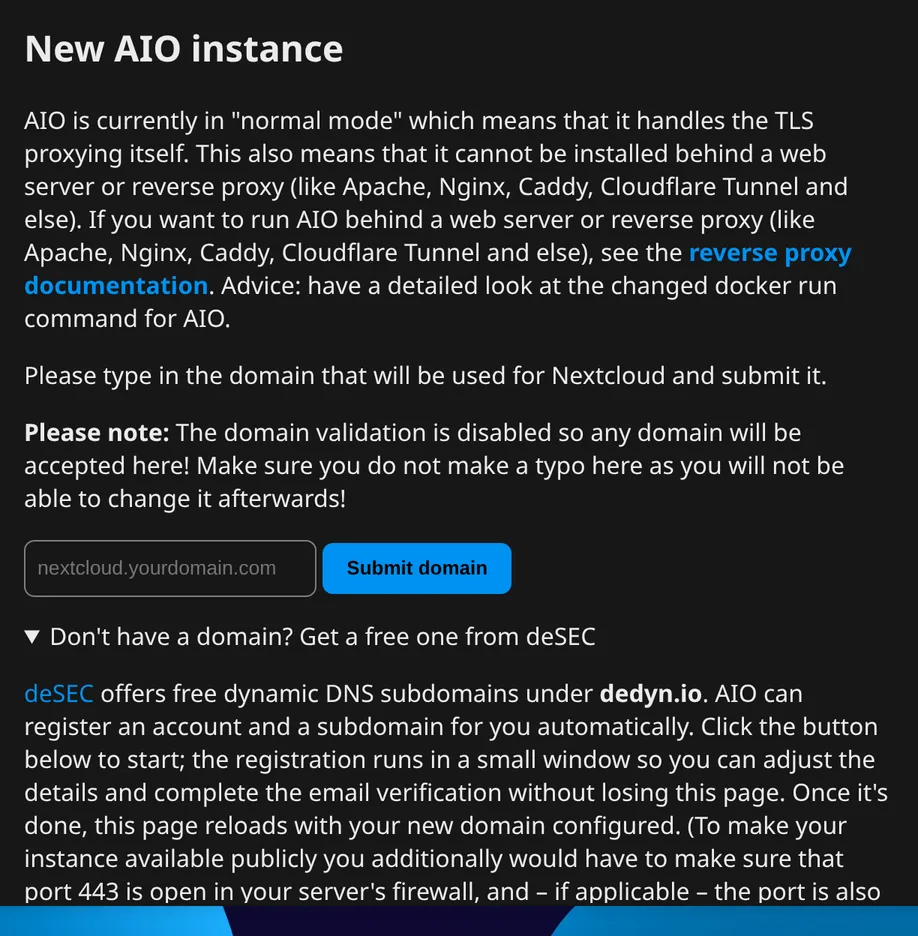 Expand the free deSEC domain option if you have no domain.