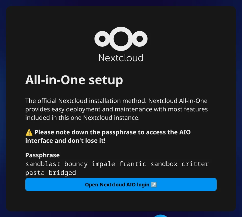 Copy the generated AIO login passphrase.