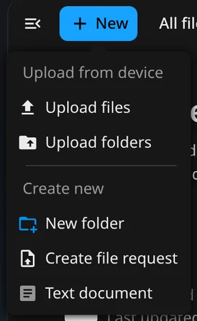 Upload files with the + New menu.