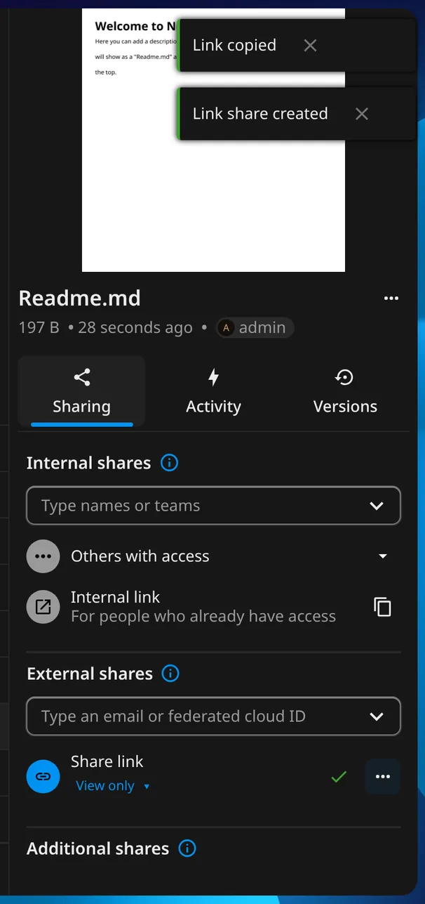 Create and copy a share link for a file.