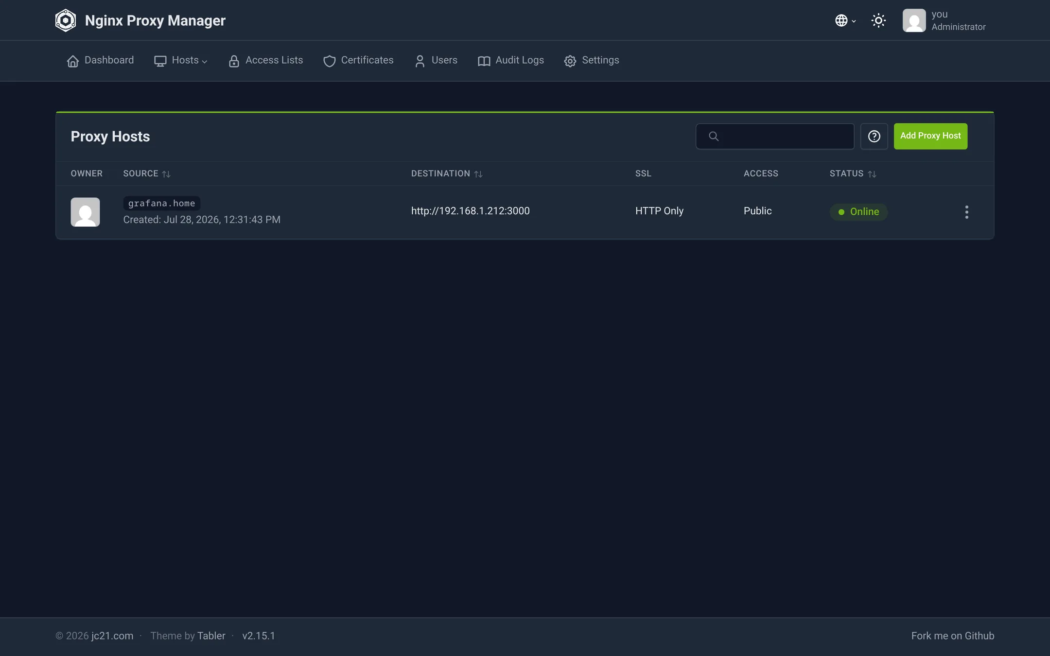 Open the list of proxy hosts and add a new one.