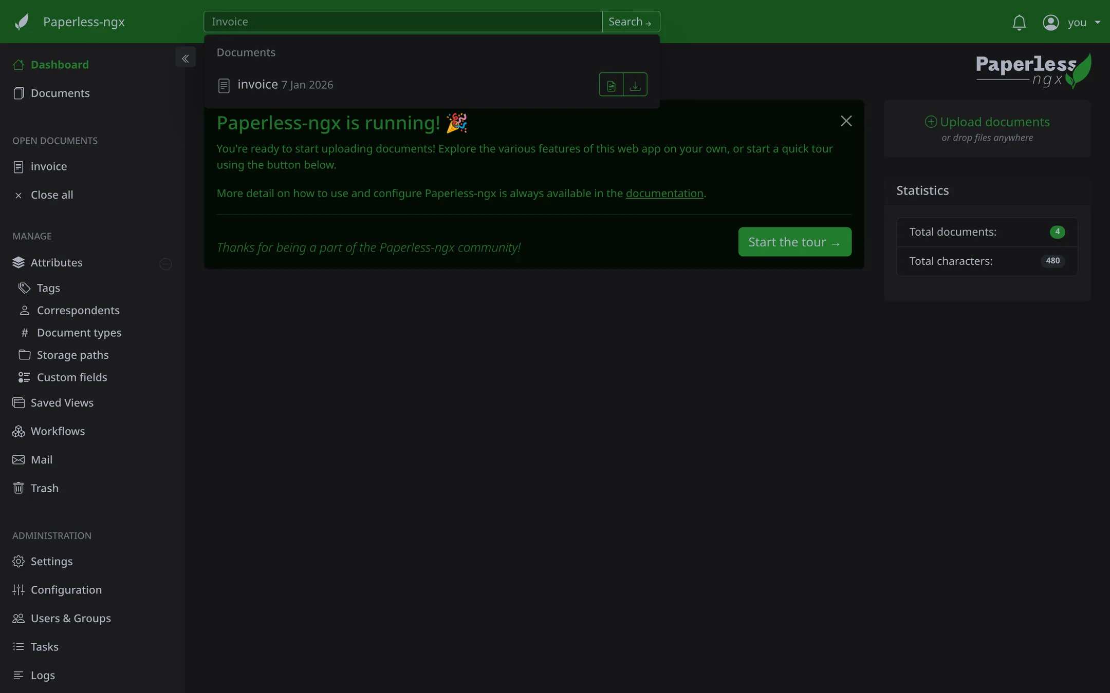 Search bar returns matching documents.