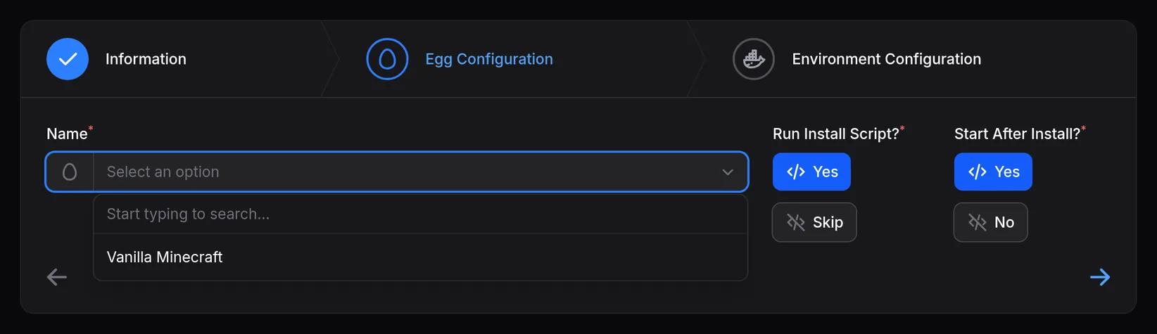 Create New Server dialog selects the Minecraft egg and the node.