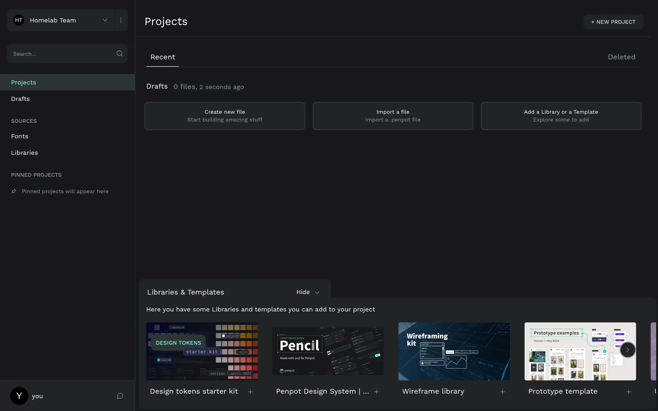 Dashboard offers a New project button.