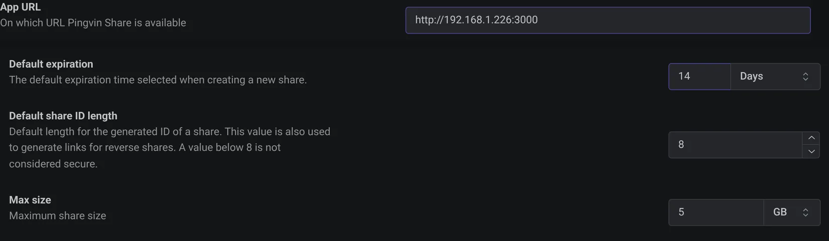 Admin settings set the max upload size, default link expiry, and App URL.