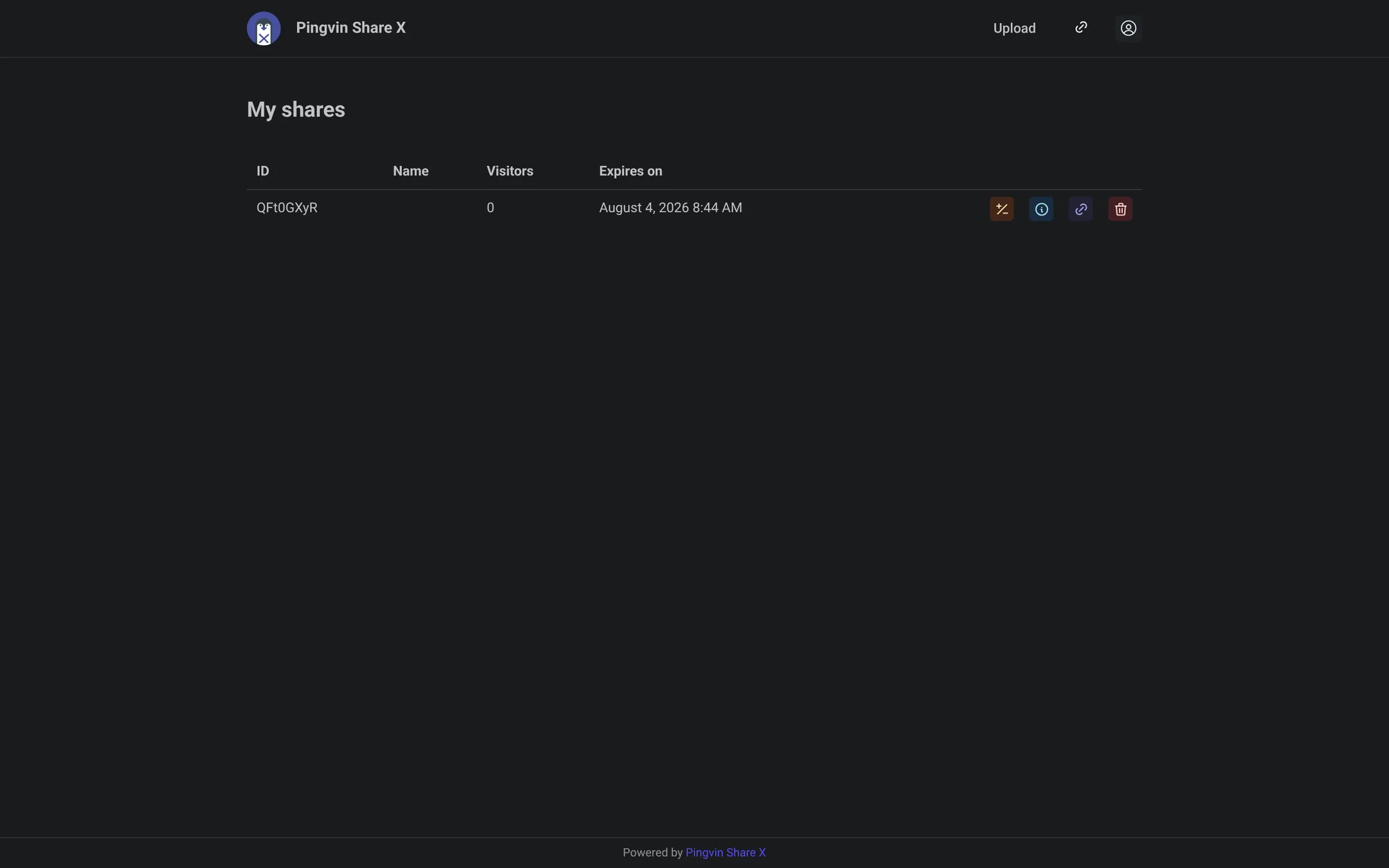 My shares page lists sent files.