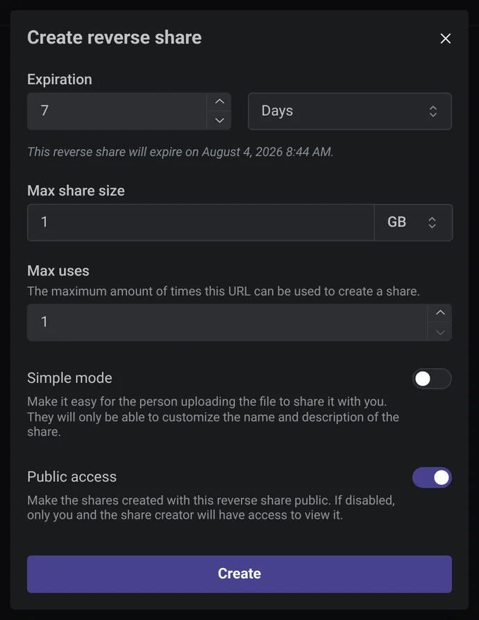 Reverse share link collects files from someone else.