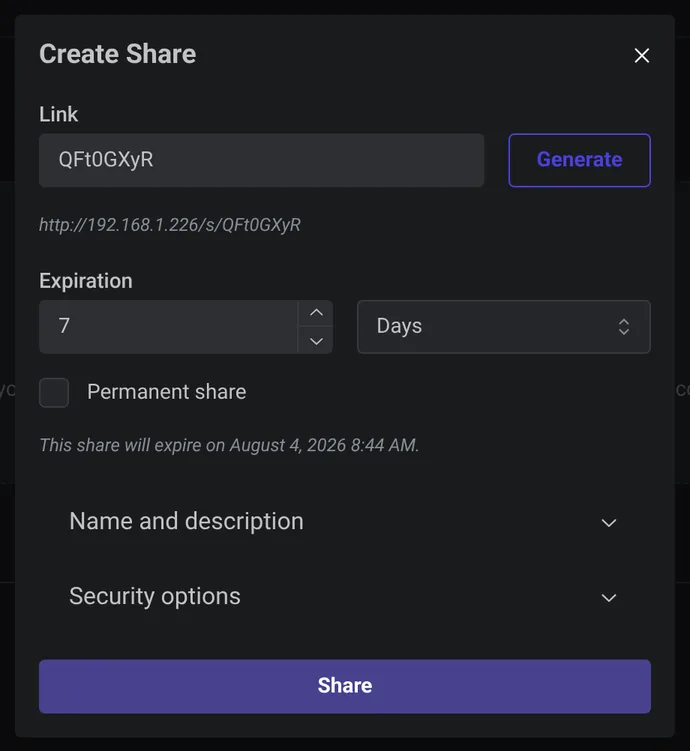 Share dialog sets a 7-day expiration.