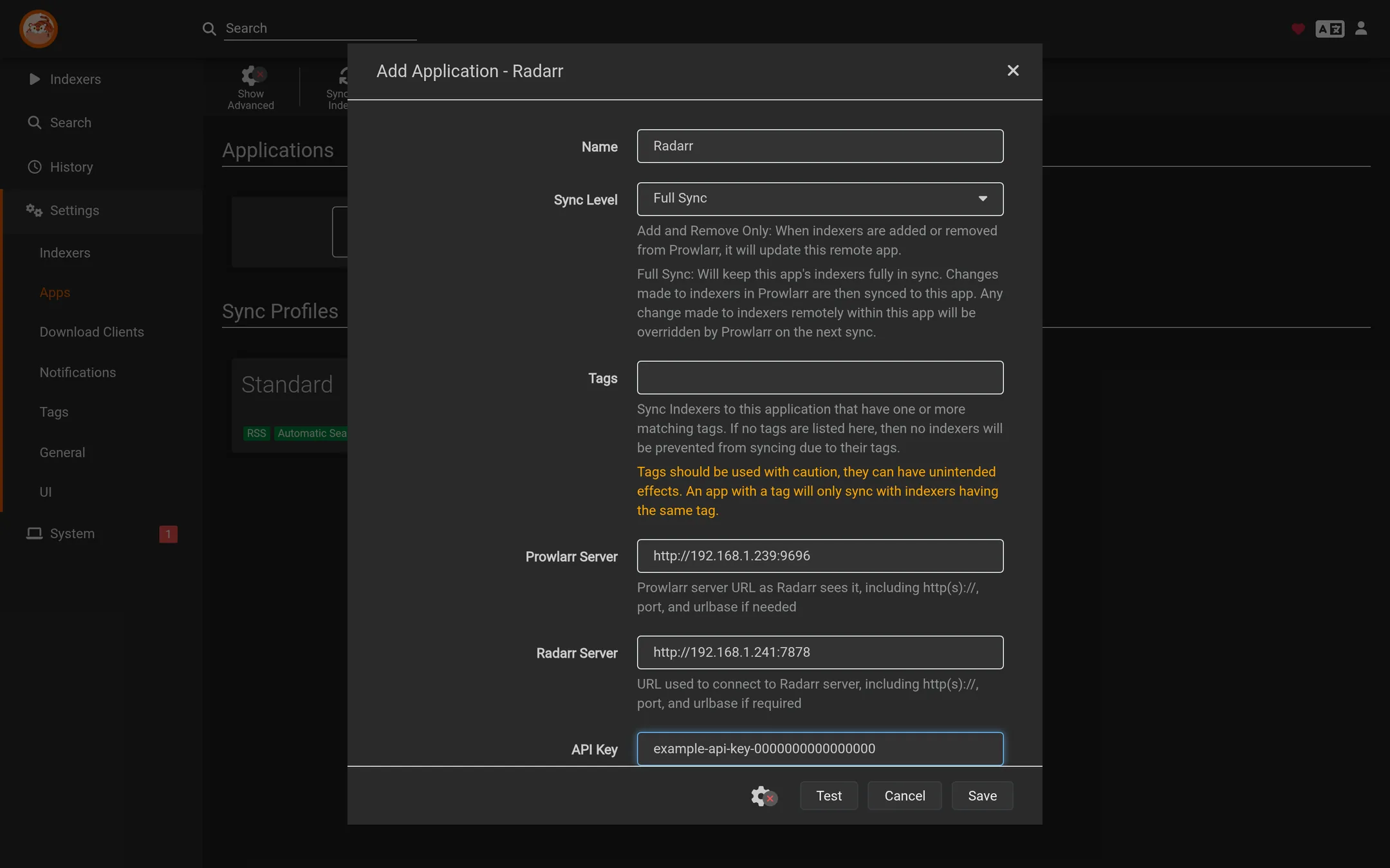 Connect Radarr to Prowlarr with its address and API key.