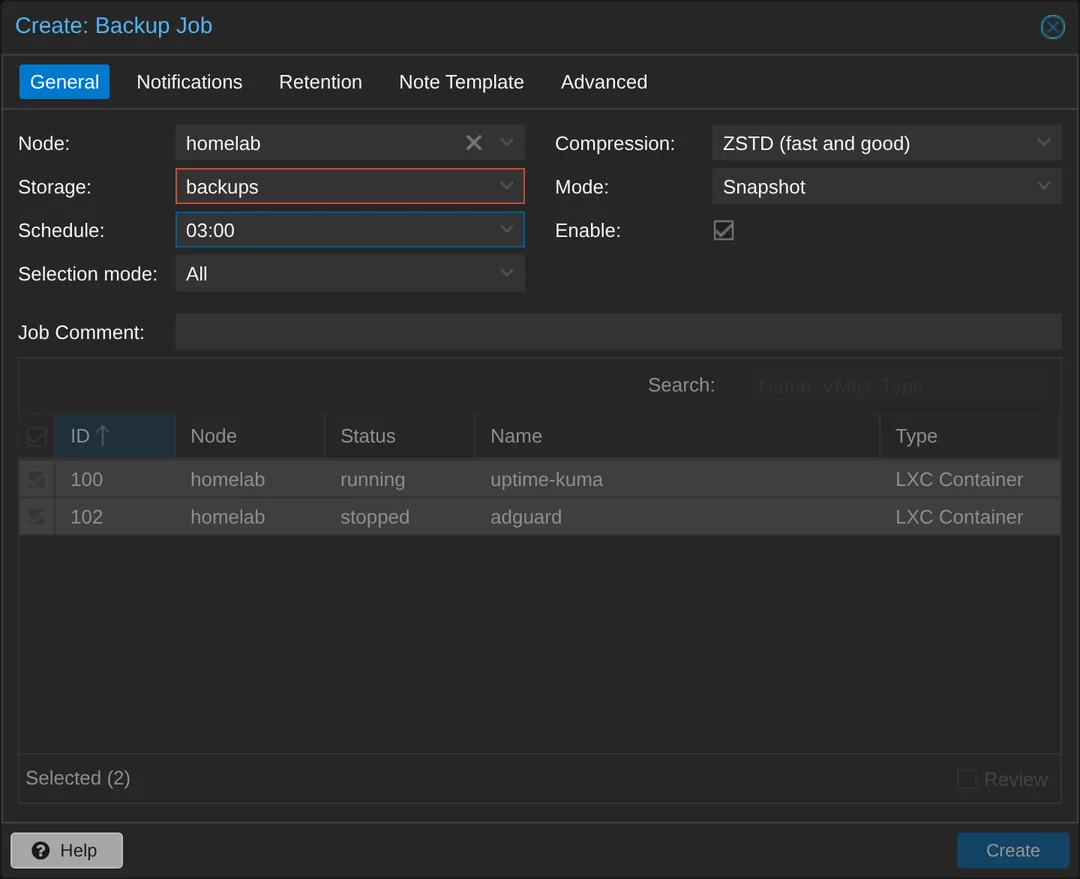 Backup job General tab targets the backups storage at 03:00 nightly.