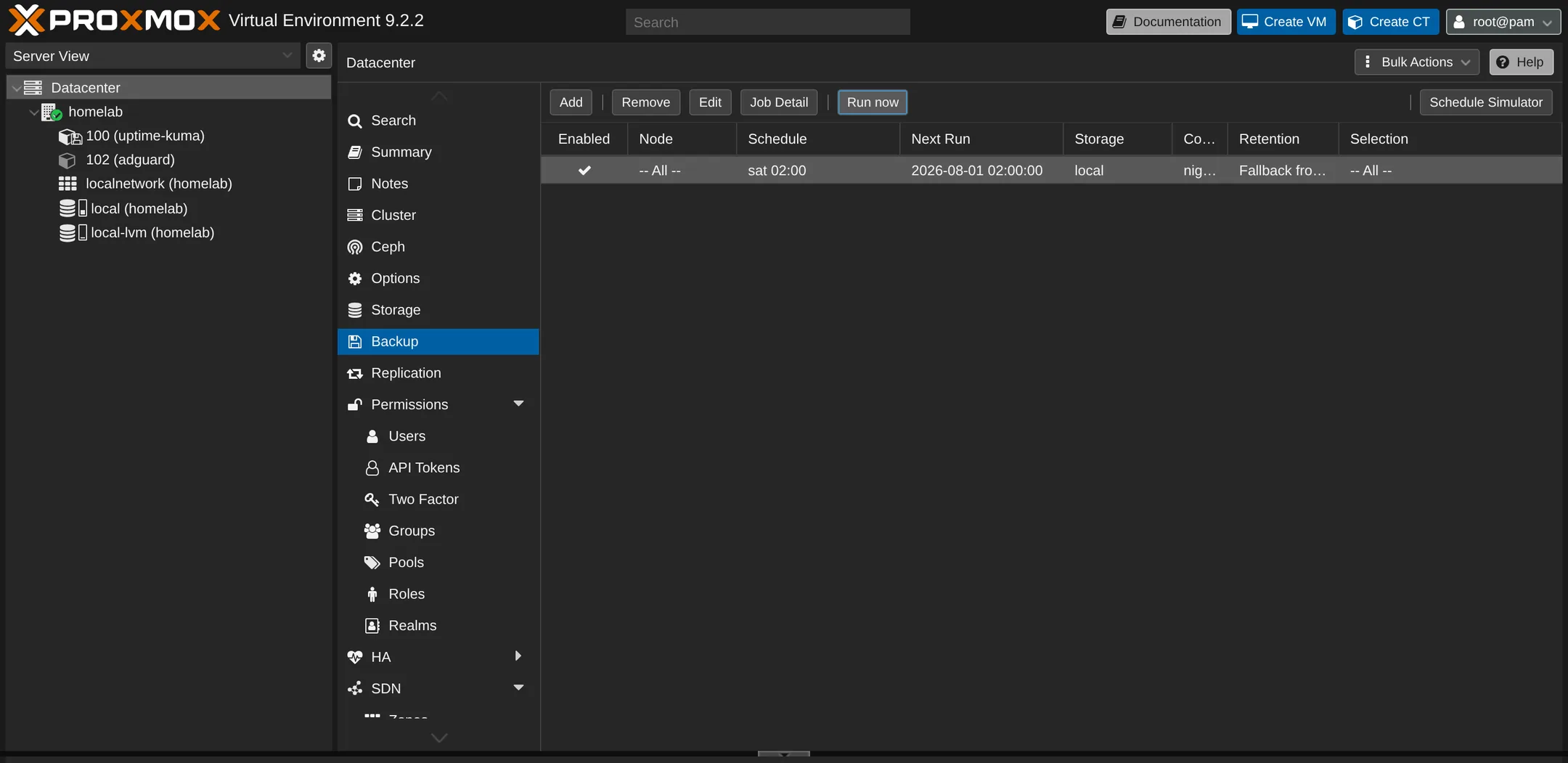 The Backup grid lists every job with its schedule, next run, storage and retention.
