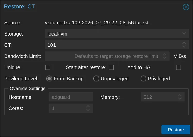 The Restore dialog sets the target CT number, storage, and privilege level.