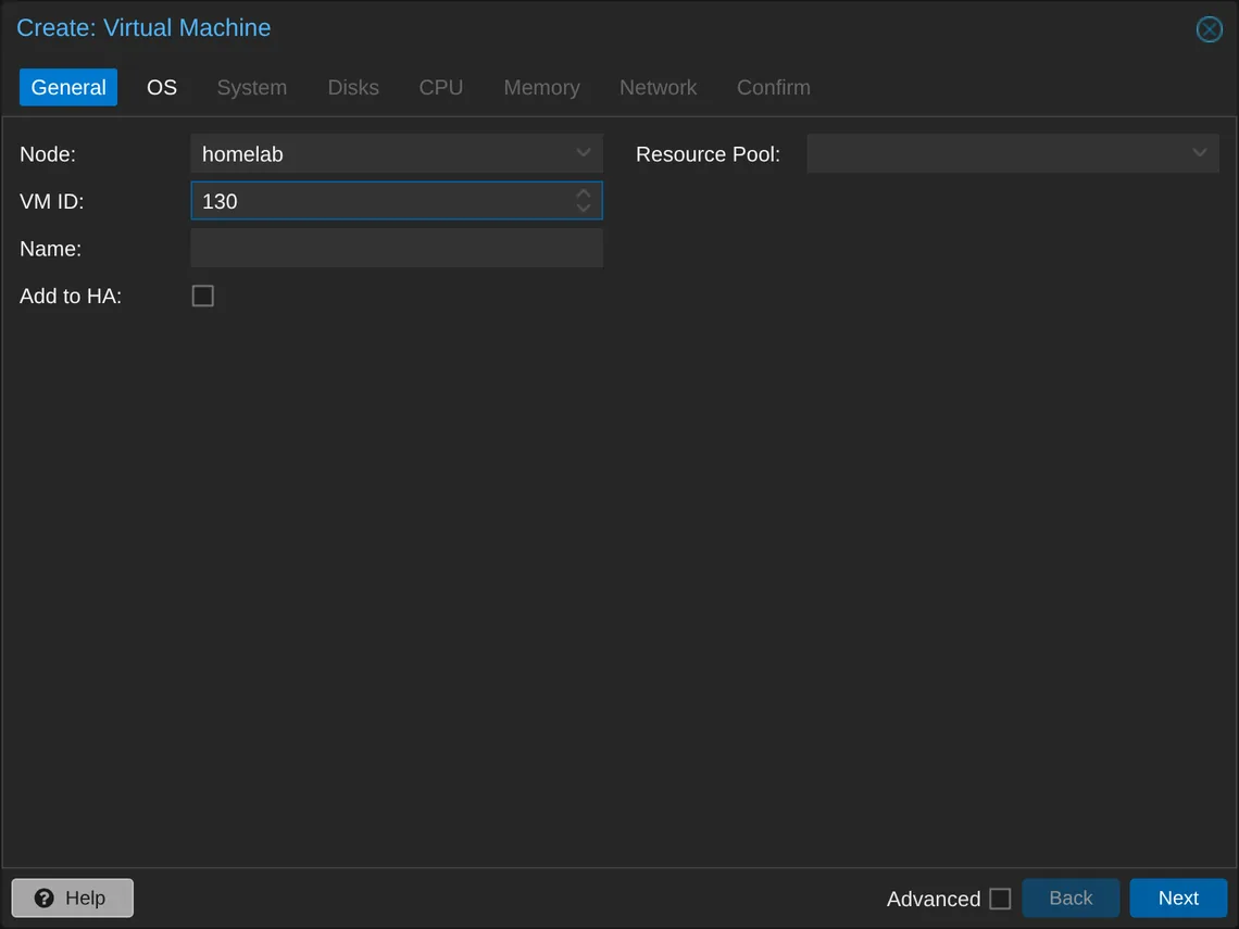 General tab sets VM ID 130.