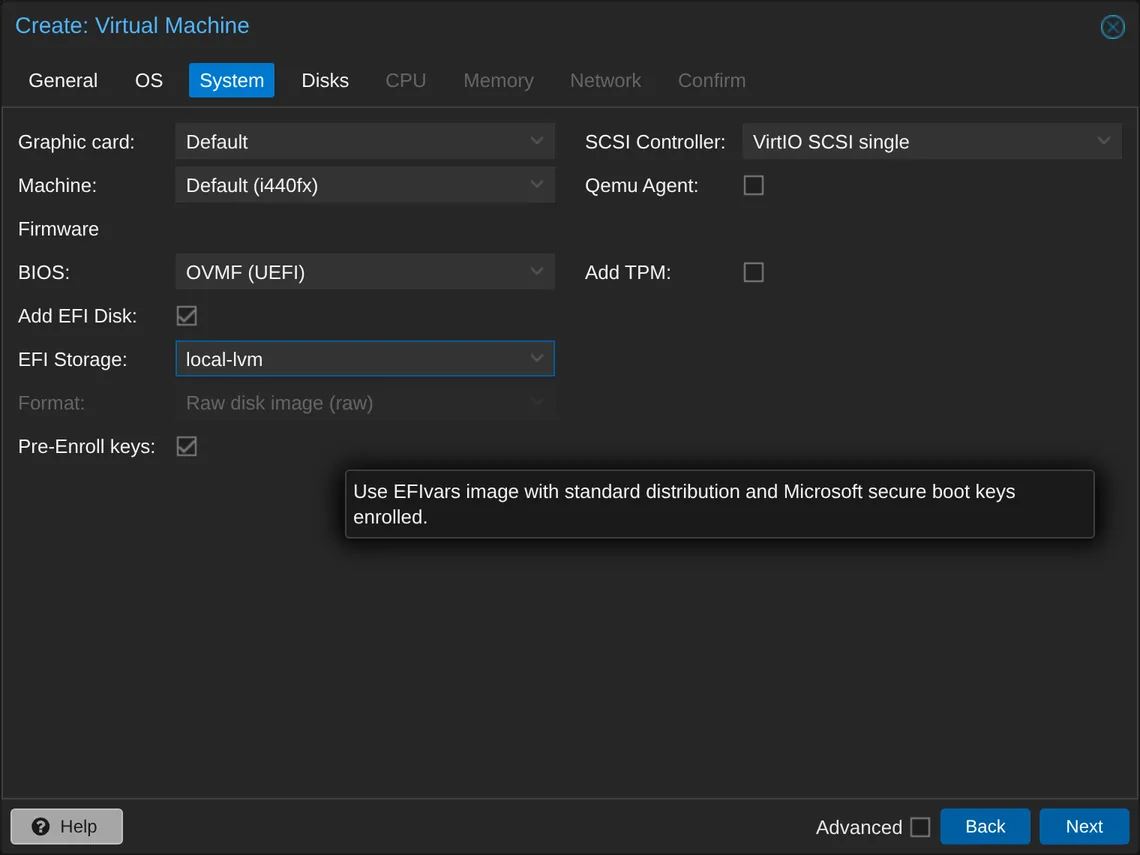 System tab selects OVMF UEFI firmware and an EFI disk.