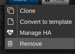 The container toolbar's More menu open, listing Clone, Convert to template, Manage HA and Remove.