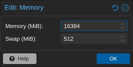 Memory field on the Resources tab is being raised to 16384 MiB.