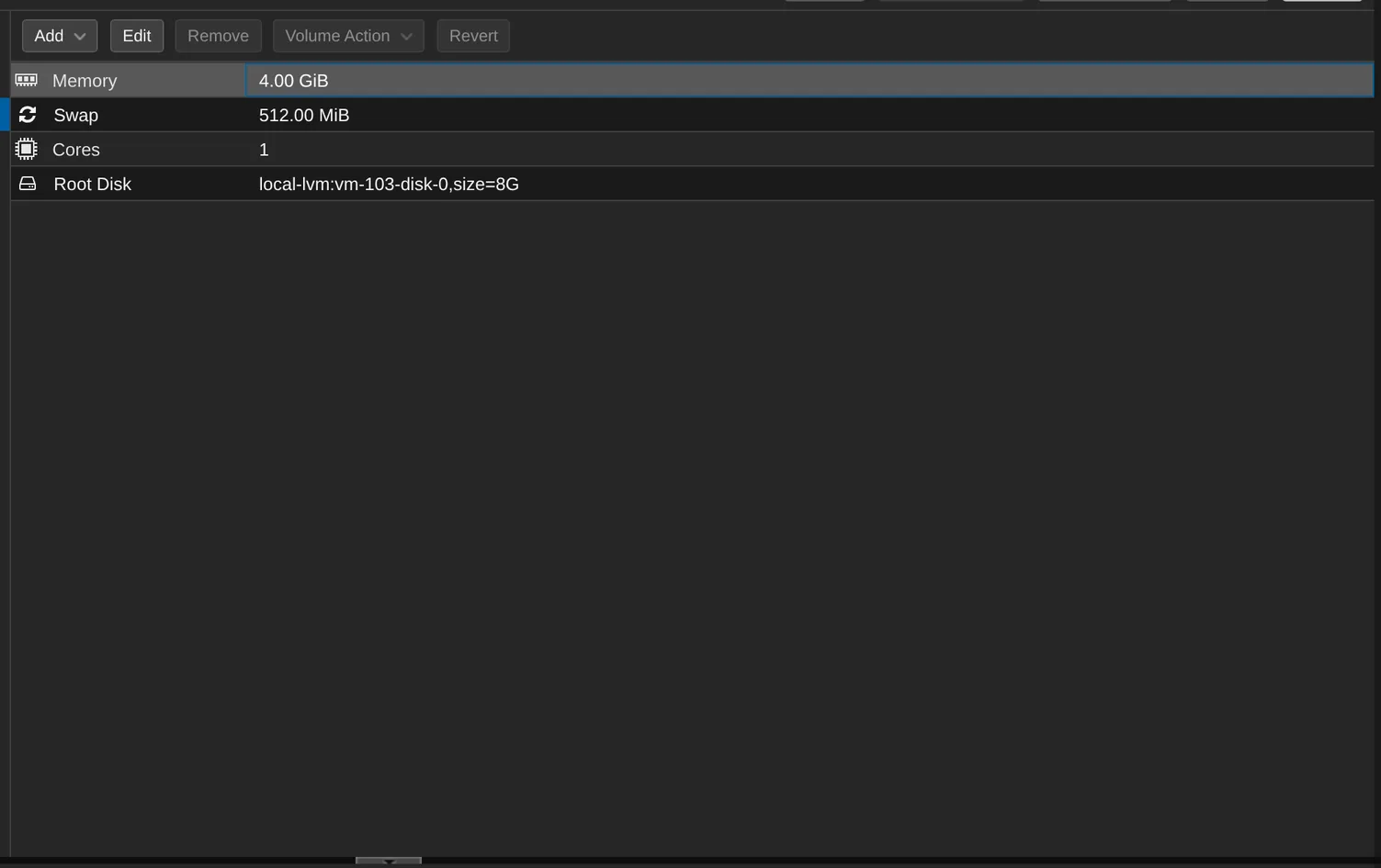 The Resources tab lists the container's memory, cores and disk.